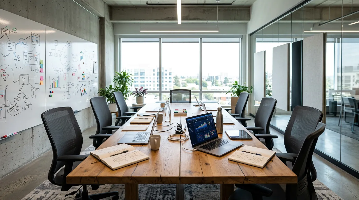 modern office setting with creative team collaborating around a large table, computer screens showing analytics dashboards, whiteboards with strategy sketches, bright natural lighting